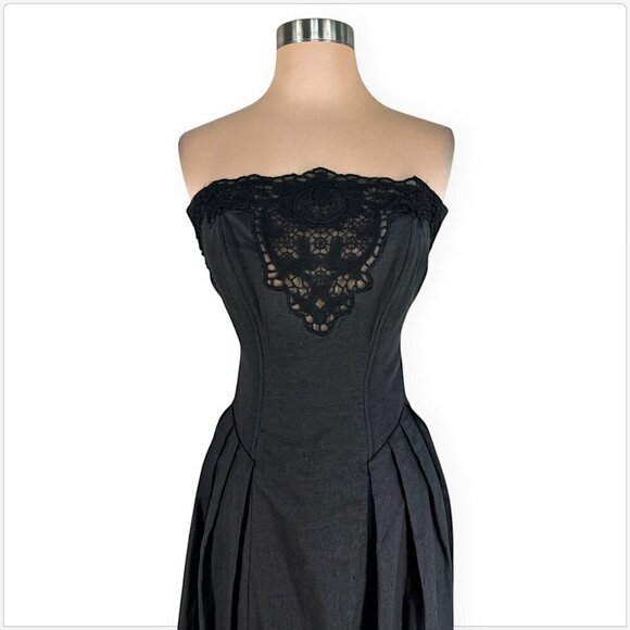 Nancy Johnson Vintage Black Ramie Cotton Lace Strapless Full Skirt Dress Vtg 6 - Picture 3 of 5